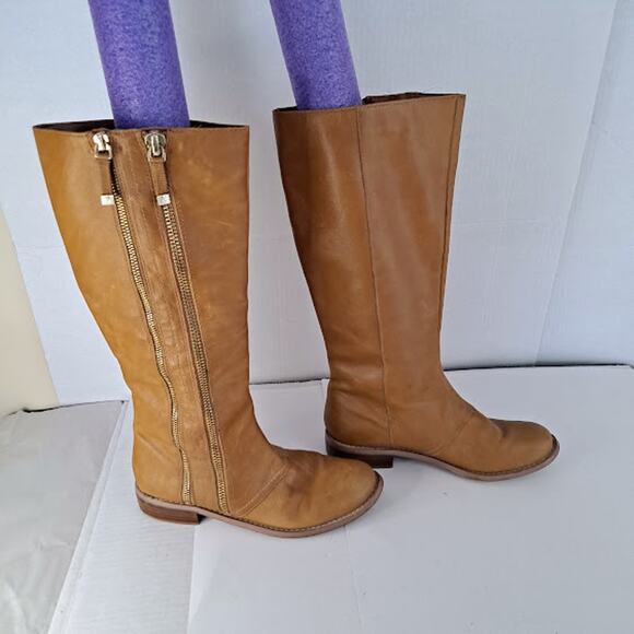 Vintage Tahari Knee Boot 9M Andy Leather Double Zipper Tall Caramel Brown - Picture 13 of 14